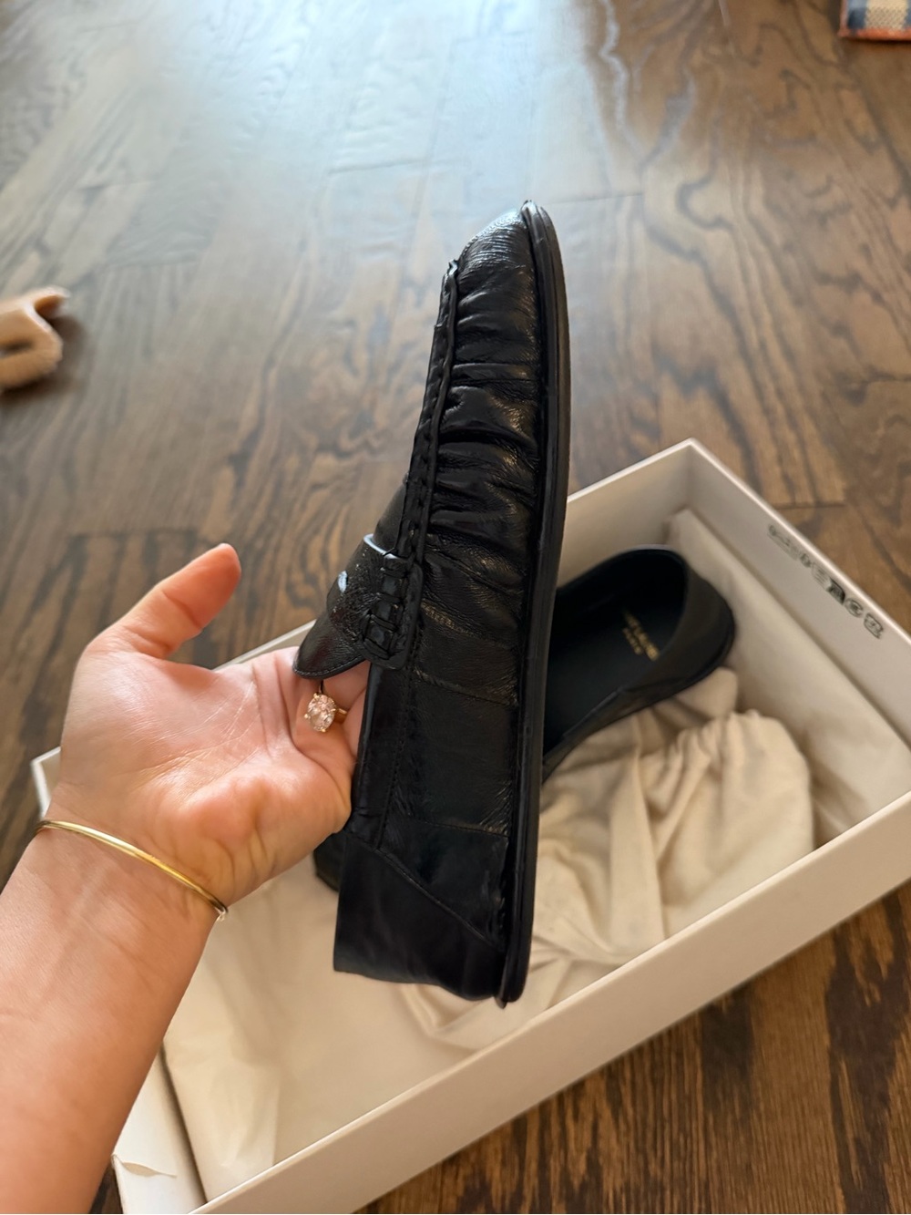 Saint Laurent Black Leather Penny Loafers with Gold Monogram - Picture 4 of 9